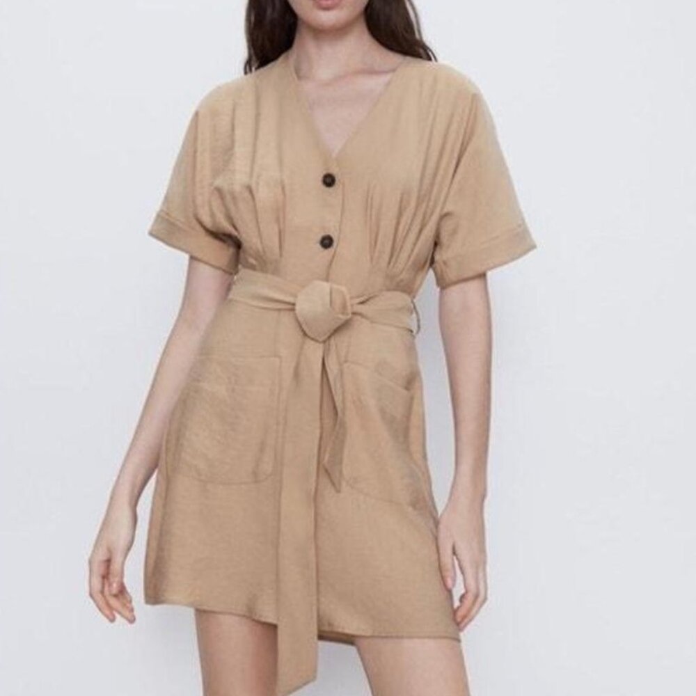 Zara Tan/Khaki Pleated Shirtdress with Belt/Tie  Size Medium